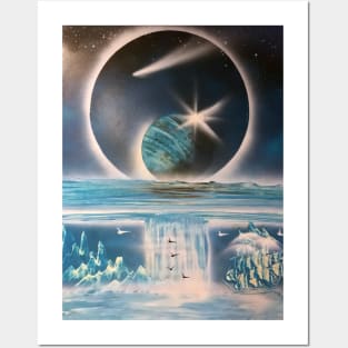 Fantasy Solar Eclipse Earth Moon Space Stars Ocean Ship Artwork Posters and Art